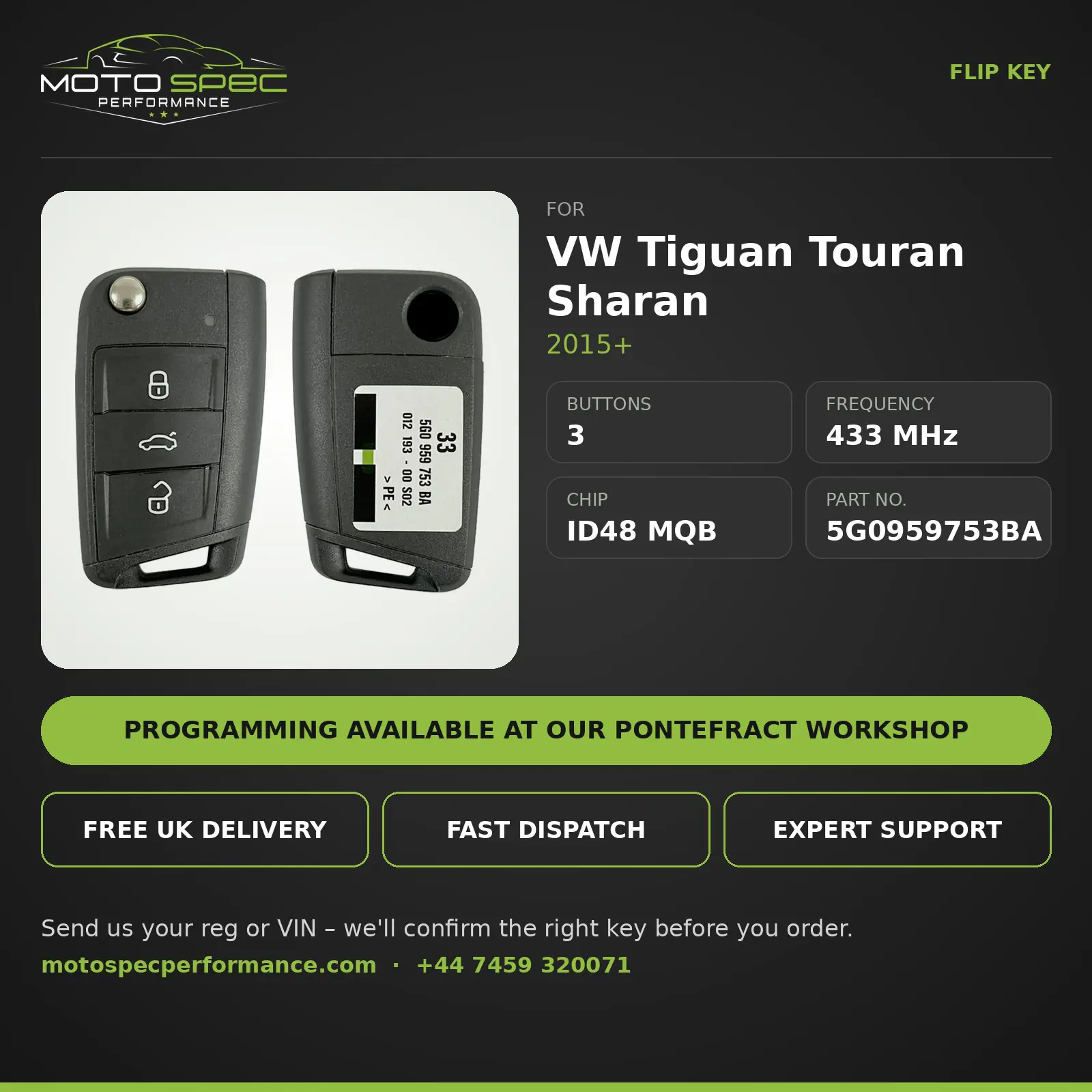 Flip Key for VW Tiguan Touran Sharan 2015+ – 3 Button (5G0959753BA) info