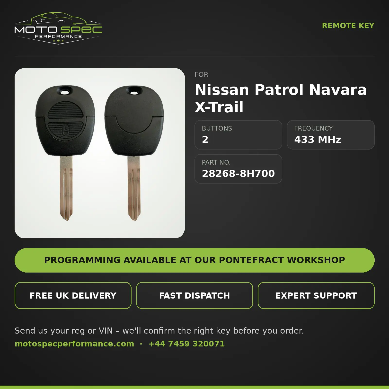 Remote Key for Nissan Patrol Navara X-Trail – 2 Button (28268-8H700) – NSN14 blade info