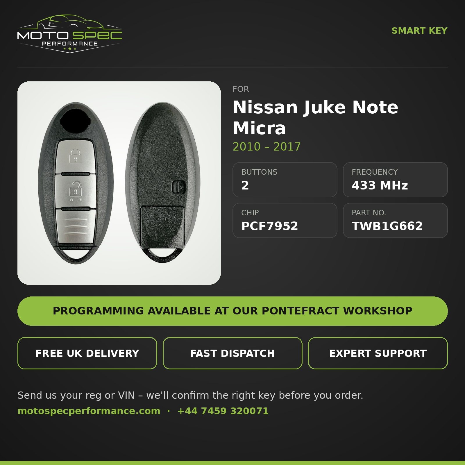 Smart Key for Nissan Juke Note Micra 2010-2017 – 2 Button (TWB1G662) info