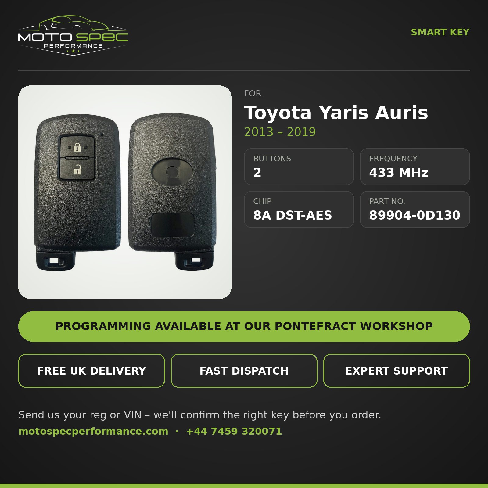 Smart Key for Toyota Yaris Auris 2013-2019 – 2 Button (89904-0D130) - Image 2
